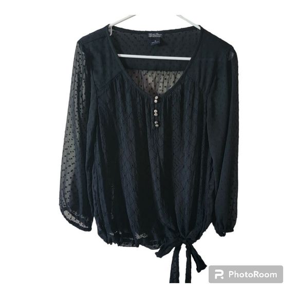 Lucky Brand Tops - Lucky Brand sheer black swiss dot bow tie top size M